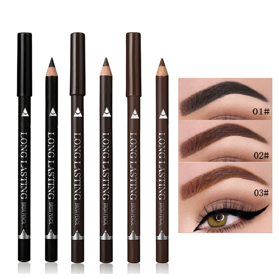 Wooden Waterproof Eyebrow Pencil in black and brown shades with sharpened tips and three eyebrow color swatches