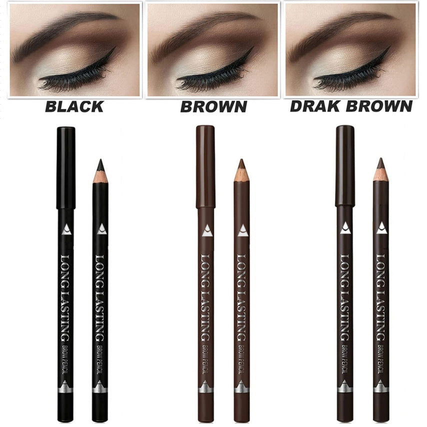 Wooden Waterproof Eyebrow Pencil with a slim black or brown wood barrel, sharpened tip and matching cap, shown in three shades.
