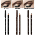 Wooden Waterproof Eyebrow Pencil with a slim black or brown wood barrel, sharpened tip and matching cap, shown in three shades.
