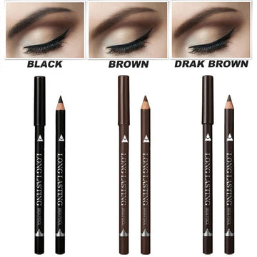 Wooden Waterproof Eyebrow Pencil with a slim black or brown wood barrel, sharpened tip and matching cap, shown in three shades.