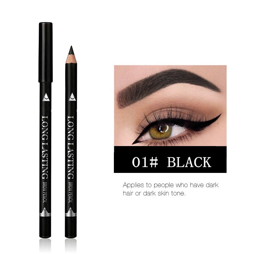 Wooden Waterproof Eyebrow Pencil in black with a slim barrel and pointed tip, shown beside a defined dark brow and winged eyeliner