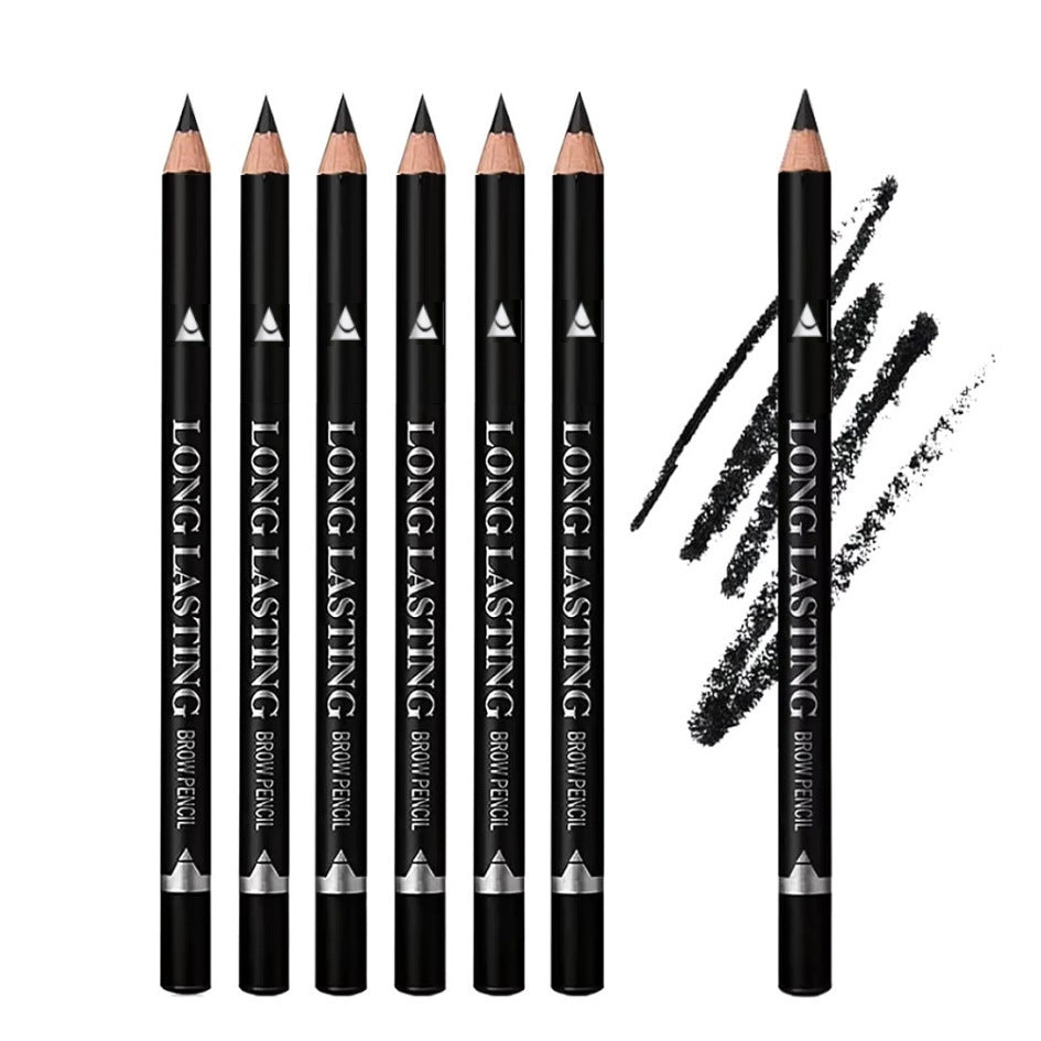 Wooden Waterproof Eyebrow Pencil with black barrels, exposed wood tips, silver accents, and bold black makeup swatches