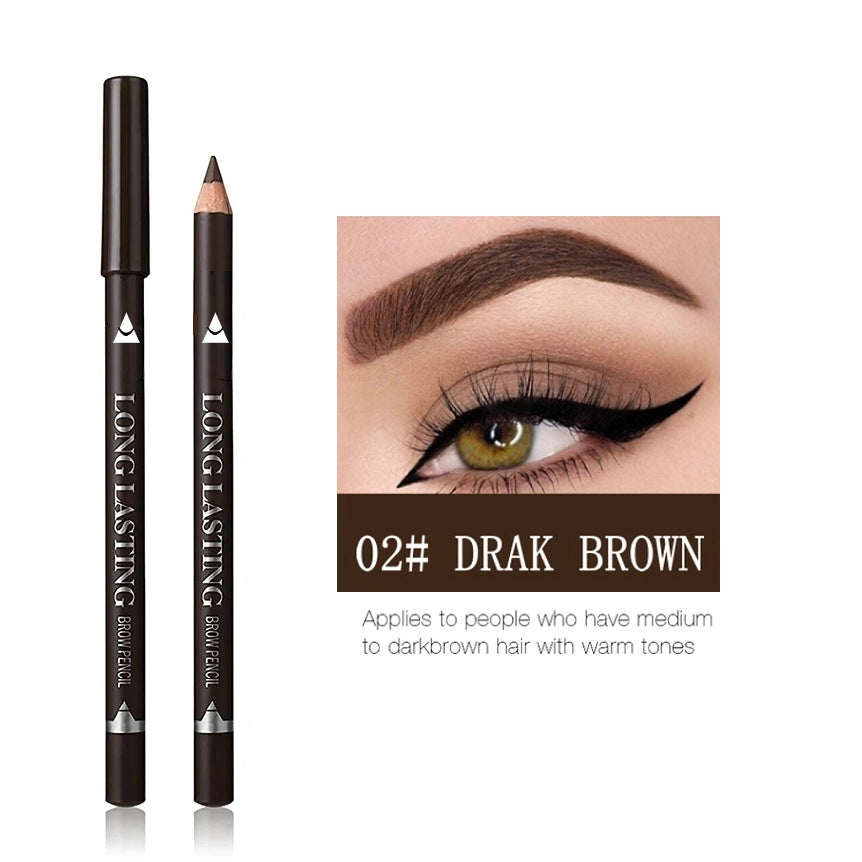 Wooden Waterproof Eyebrow Pencil in dark brown, with a pointed wooden tip and matching cap beside a defined brow look