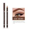 Wooden Waterproof Eyebrow Pencil in dark brown with a sharpened tip, shown beside a brown eyebrow and eye makeup sample labeled 03 Brown.